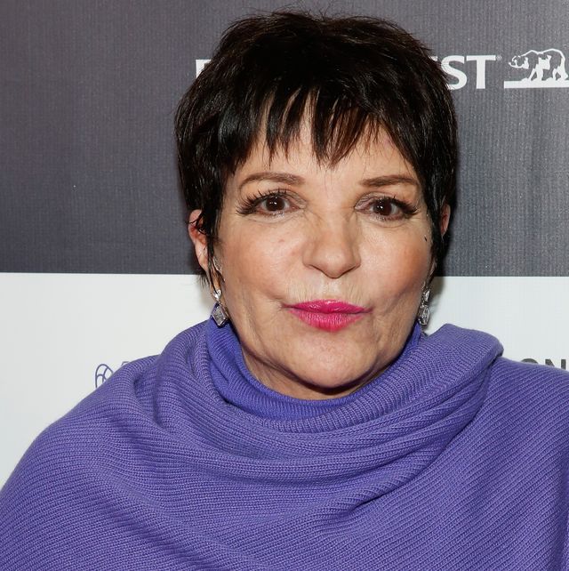 liza minnelli looks at the camera, she wears a purple shawl and dangling earrings with pink lipstick