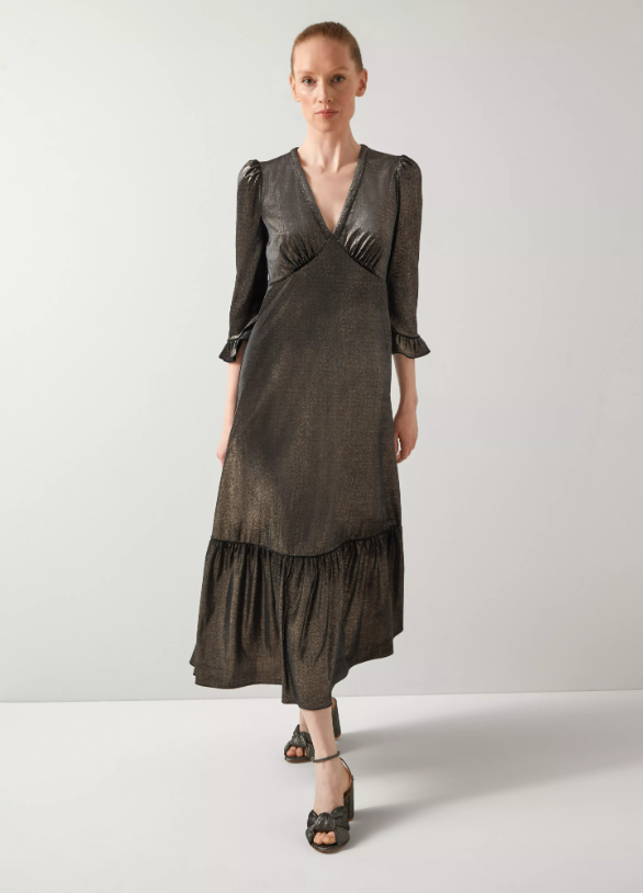 lk bennett deborah black and gold v neck dress