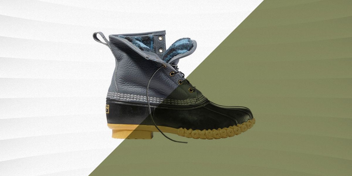 ll bean duck boot in gray against green and white background