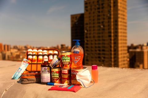 Canned goods and other products collected by Jason Charles of the NYC Preppers Network, photographed in NYC in March 2020.