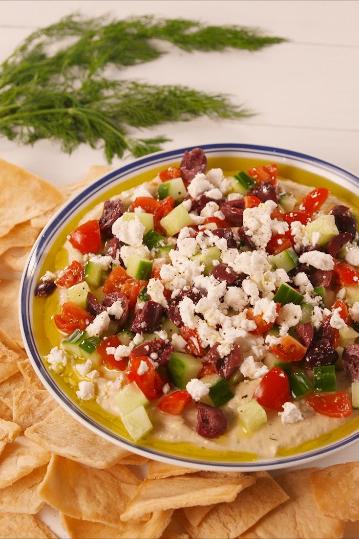 loaded greek hummus - vegetarian super bowl recipes