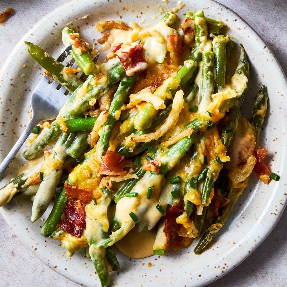 loaded green bean casserole topped with bacon