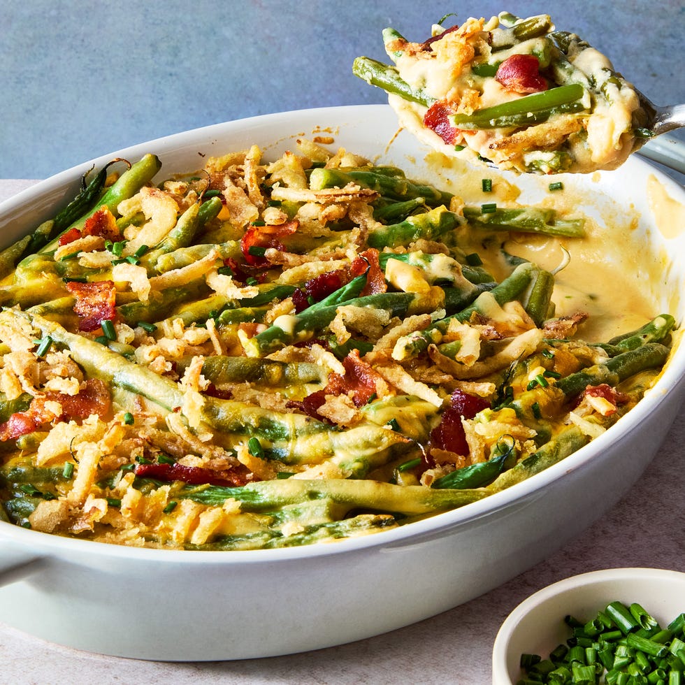 loaded green bean casserole topped with bacon