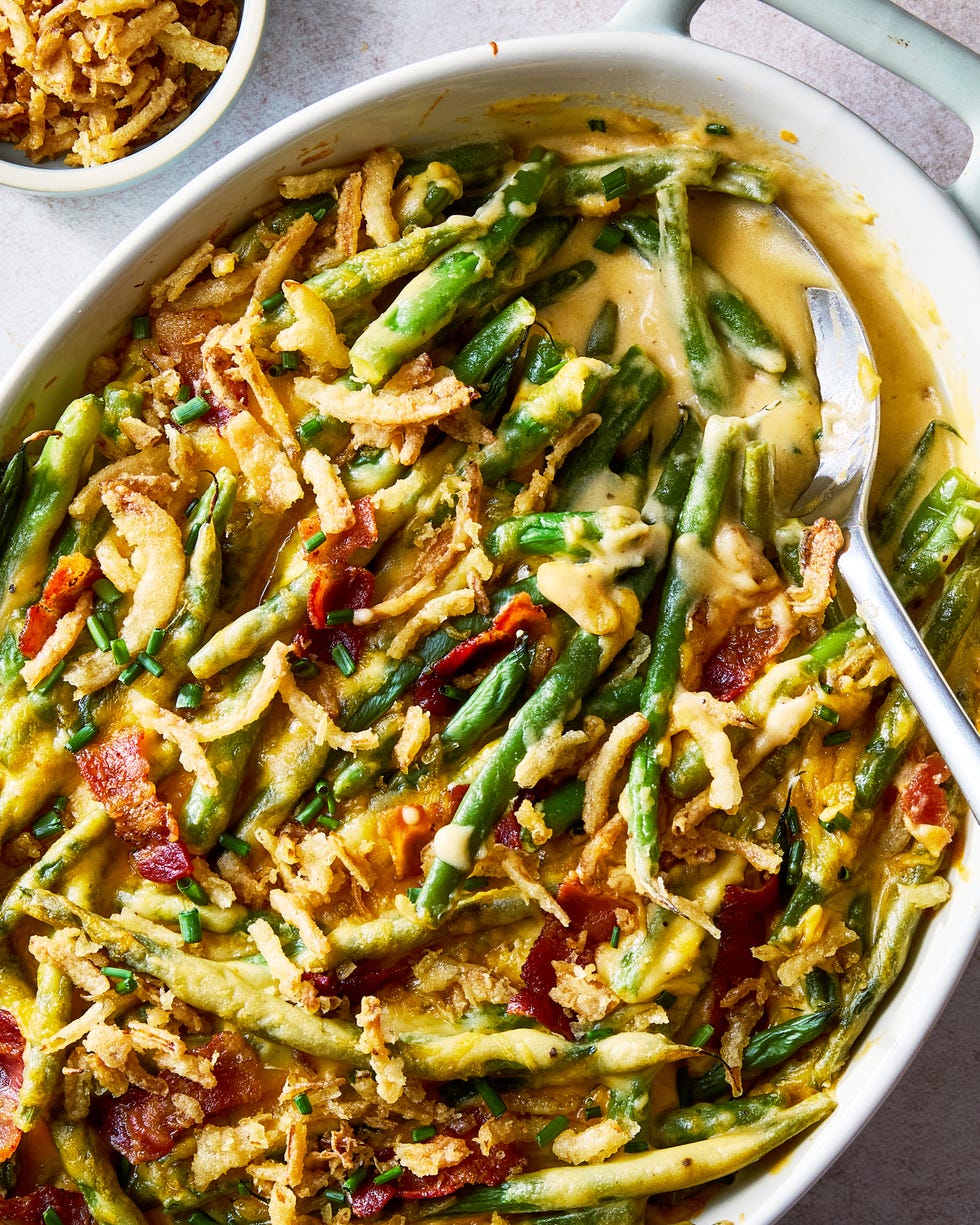 loaded green bean casserole topped with bacon