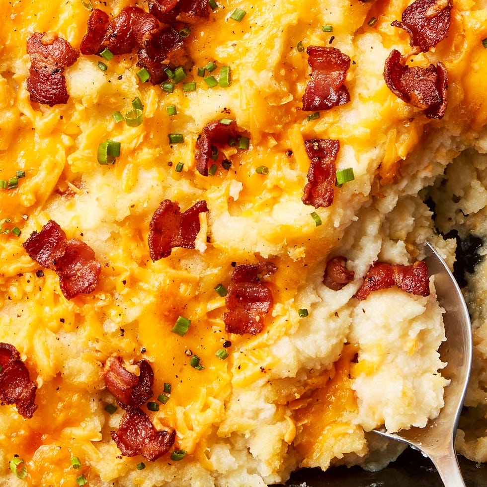 mashed potatoes baked in a casserole topped with cheese and bacon