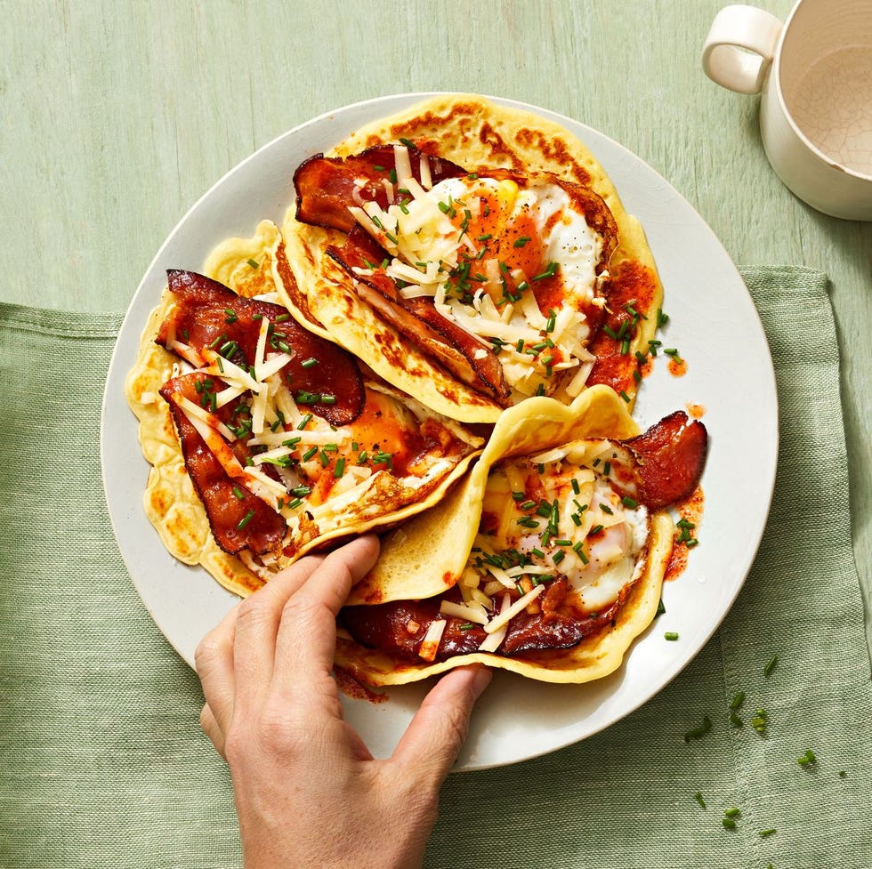 pancake taco with bacon and egg in the center