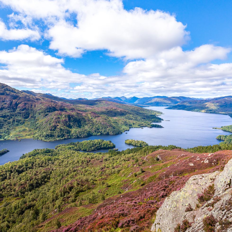 view over the ben aan mountain over the lakes loch katrine and loch achray in scotland taken from the ben aan in loch lomond and the trossachs national park