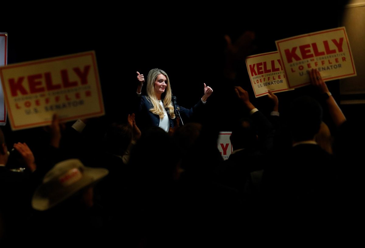 atlanta, georgia   november 03 us sen kelly loeffler r ga reacts to her supporters during an election night party at the grand hyatt atlanta in buckhead on november 03, 2020 in atlanta, georgia loeffler, who was appointed by gov brian kemp to replace johnny isakson at the end of last year, is pushing to retain her seat against 19 other candidates in a special election georgia is the only state with two senate seats on the november 3 ballot photo by kevin c coxgetty images