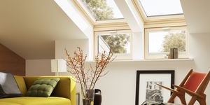 loft conversion ideas, attic conversion, living room with velux windows
