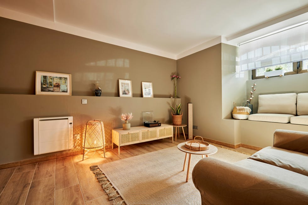 salón decorado en tonos neutros con muebles de madera