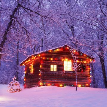 log cabin exterior decorated with christmas lights, winter, dusk
