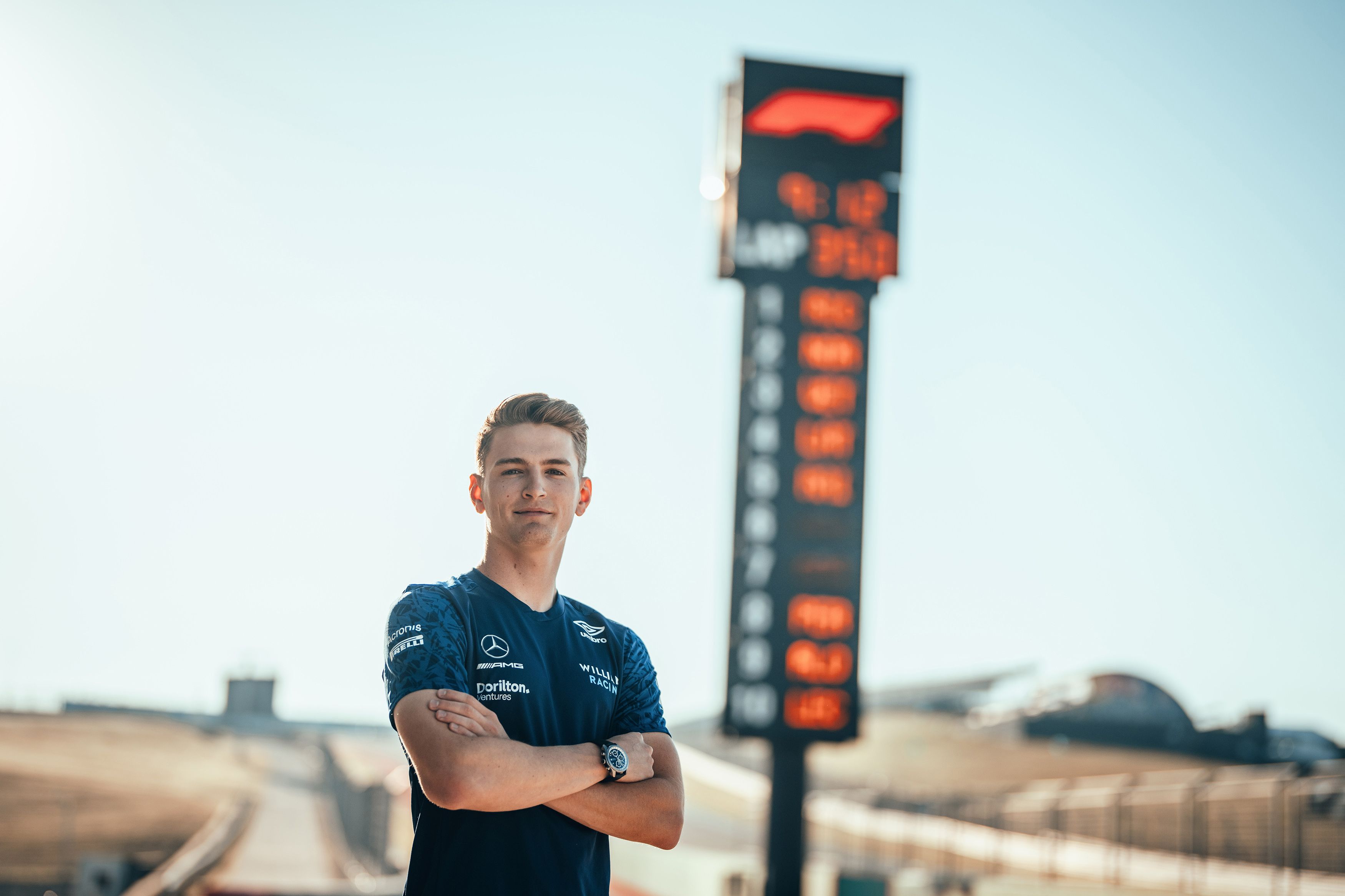 L to R): Logan Sargeant (USA) Williams Racing Academy Driver; Nicholas  Latifi (CDN) Williams Racing; George Russell (GBR) Williams Racing; and  Jack Aitken (GBR) / (KOR) Williams Racing Reserve Driver, at a