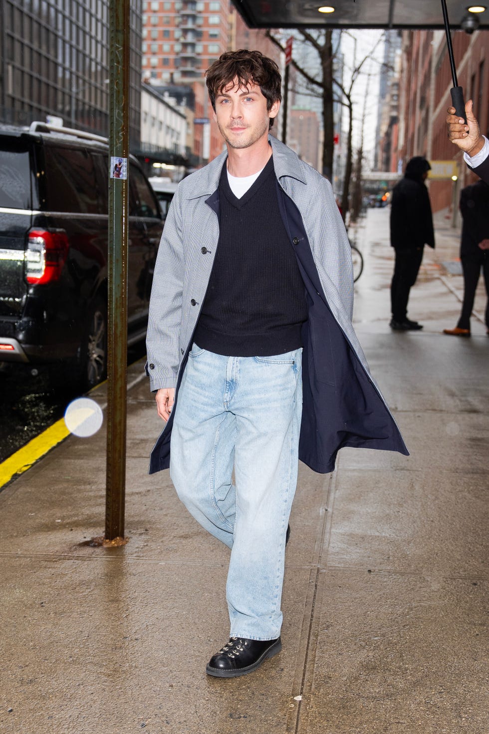 Where to Shop Logan Lerman's Reversible Houndstooth Coat