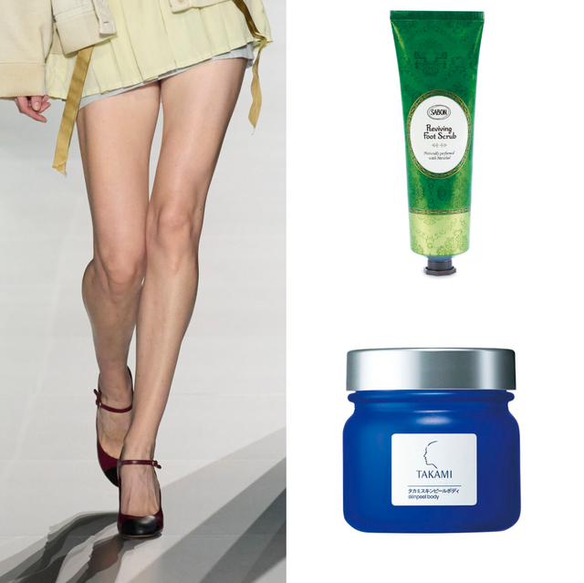 a collage of a woman's legs and a product