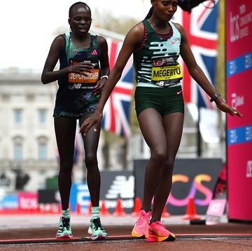 alemu megertu of ethiopia reacts after finishing in second place in the elite woman's marathon during the 2023 tcs london marathon