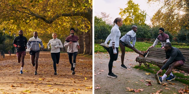 group of individuals running and stretching in a park during autumn