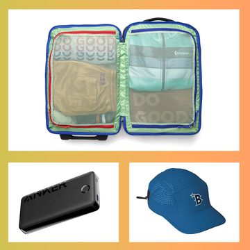 endurance fuel, cotopaxi backpack, socks, sports bra, hat, power bank, rain jacket