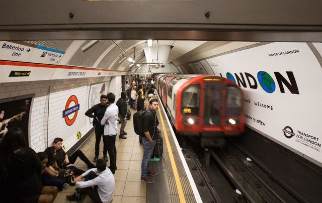 a london underground train arrives at oxford circus station in central london on august 20, 2016, following the launch of the 24 hour night tube service the night tube a new service that will see the victoria and central lines run all night on fridays and saturdays was launched overnight friday it is expected the night tube will transport about 200,000 people between now and the end of the year photo by daniel leal afp photo by daniel lealafp via getty images
