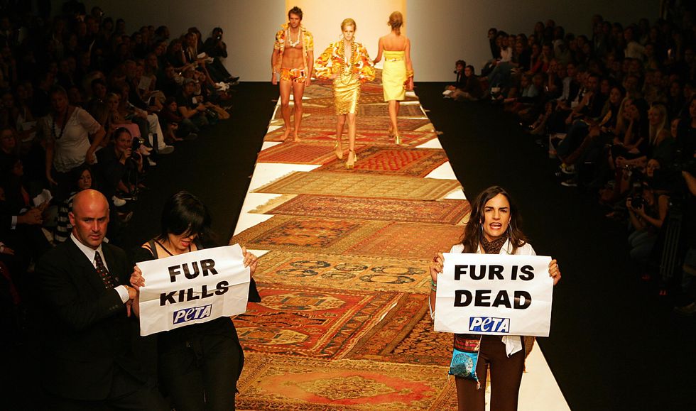 Anti-fur protesters hold placards after