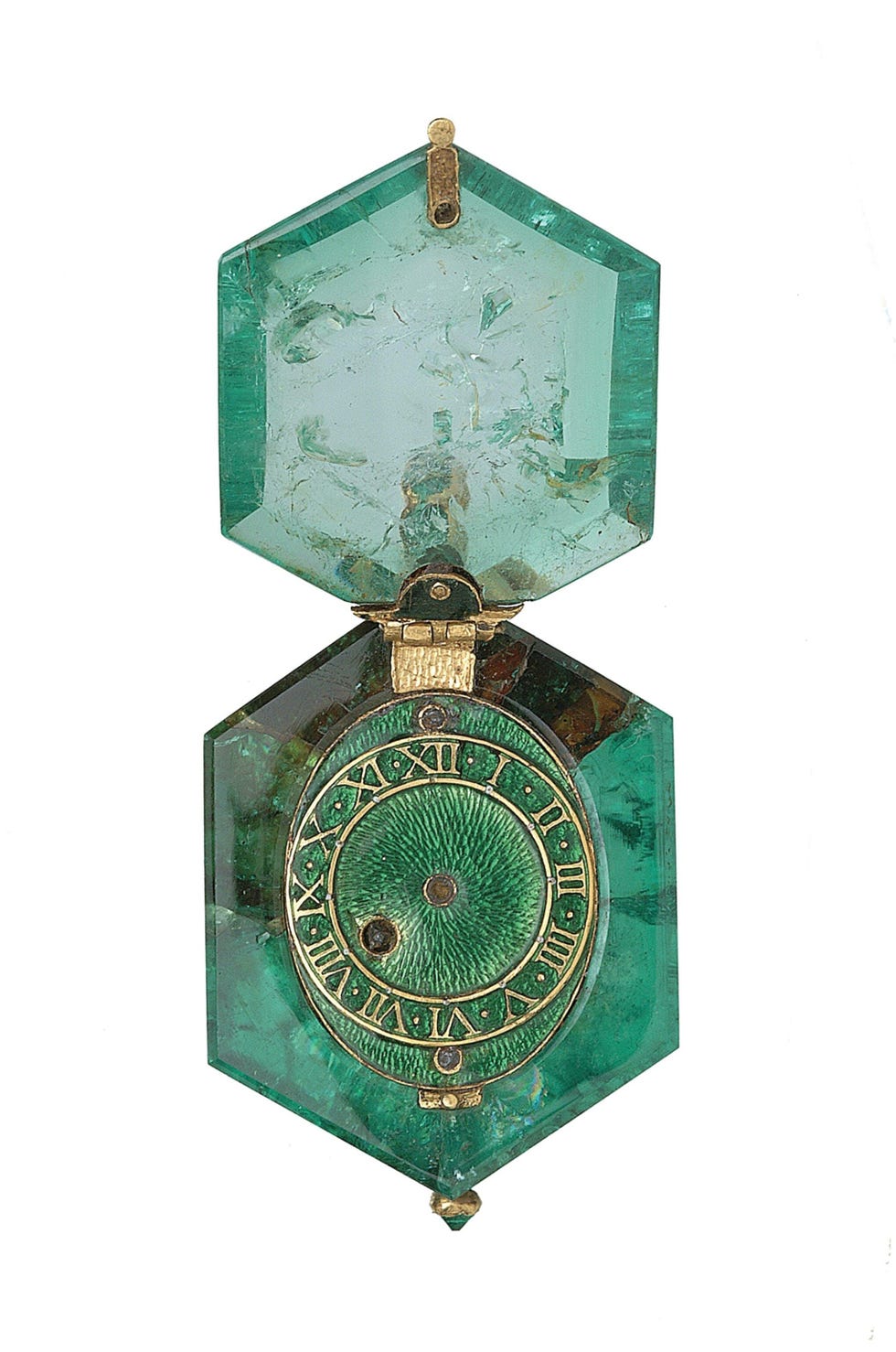 Dit prachtige horloge is ingezet in een zeshoekige Colombiaanse smaragd met een diameter van vier centimeter Het horloge maakt deel uit van de Schat van Cheapside