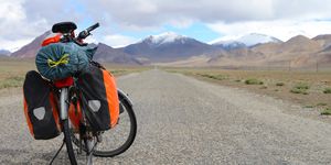 Long distance cycling on M41 Pamir Highway, Pamir Mountain Range, Tajikistan