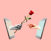 one hand reaching out from a phone giving another hand reaching out from a phone a rose