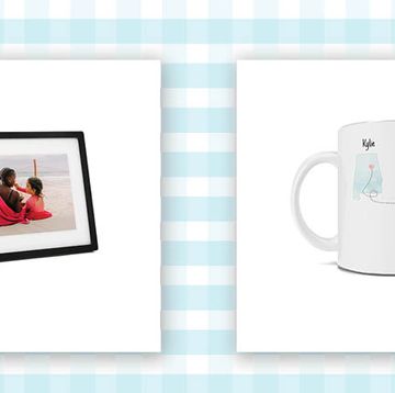 blue and white gingham background with a picture frame on one side and a mug on the other siden