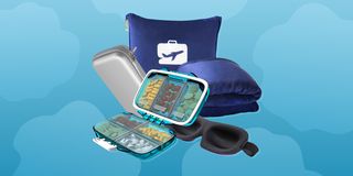 electronics case, travel blanket, sleep mask, travel pill case
