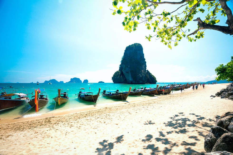 Longtale boats on Railay beach in Krabi Thailand. Asia