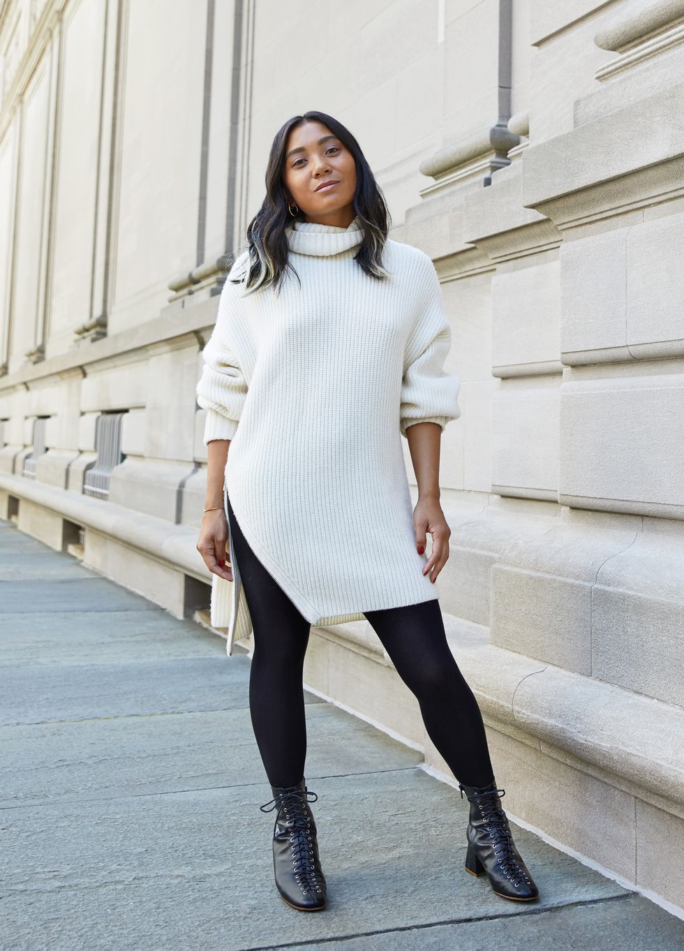 Great idea! Turtleneck & tights under summer dress. (See if for