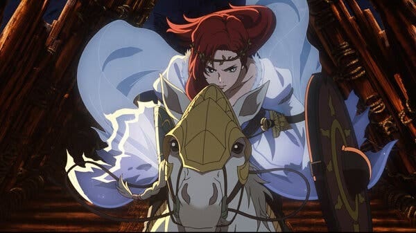 a heroic figure mounted on a horse preparing for battle