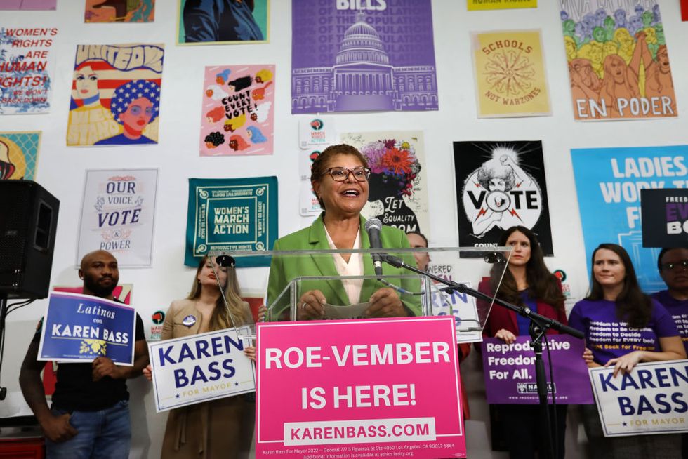 democratic congresswoman karen bass, a candidate for la mayor, speaks at a pro choice event at the womens march action headquarters in los angeles on oct 3, 2022