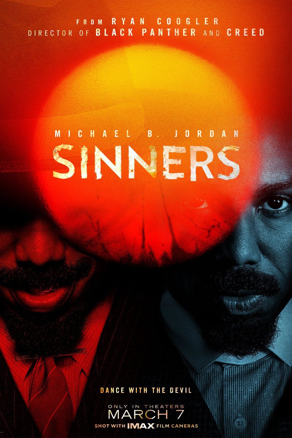 movie poster for sinners featuring a dramatic visual