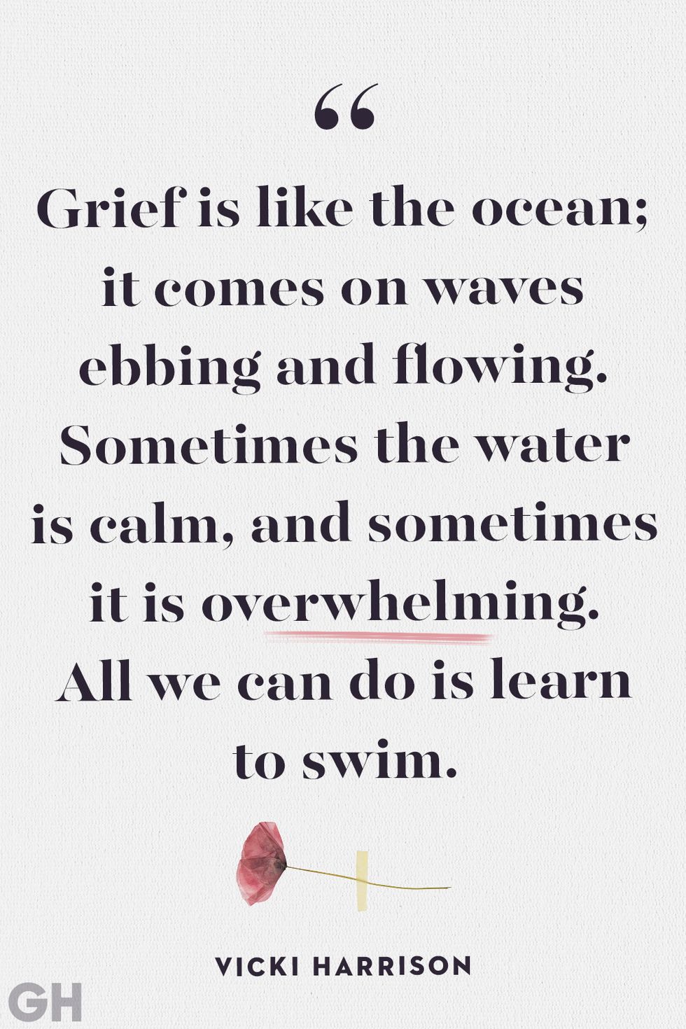 black text on grey background with red flower reading grief is like the ocean it comes on waves ebbing and flowing sometimes the water is calm and sometimes it is overwhelming all we can do is learn to swim by vicki harrison