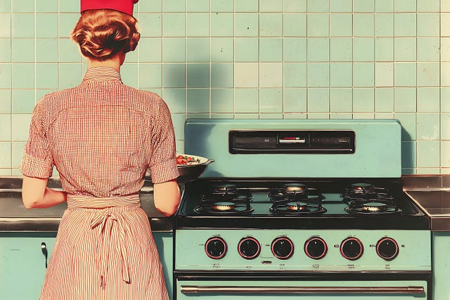 retro kitchen scene, woman in vintage dress using teal gas stove, mid century modern aesthetic, warm lighting, teal and brown tones, home cooking