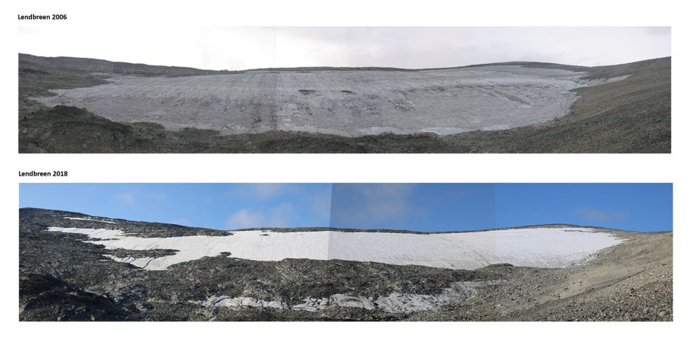 De ijsvlakte van Lendbreen smelt in hoog tempo zoals te zien is op fotos uit 2006 boven en 2018 onder