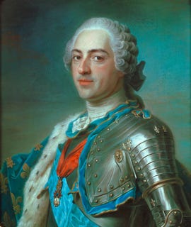 louis xv pastel portrait, he looks slightly over his shoulder to face the viewer and wears an ornate metal, blue, white, and red military uniform