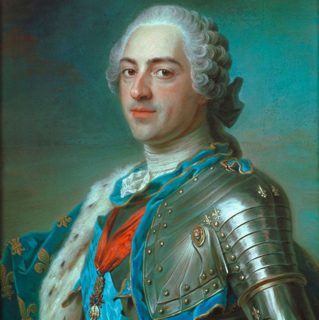 louis xv pastel portrait, he looks slightly over his shoulder to face the viewer and wears an ornate metal, blue, white, and red military uniform
