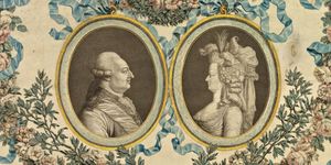portraits of louis xvi and marie antoinette in profile and facing each other, the circular drawn frames around them are surrounded by drawn garland made with flowers, greenery and blue ribbons