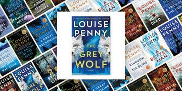 a central book cover titled the grey wolf by louise penny is surrounded by various other book covers from the same author