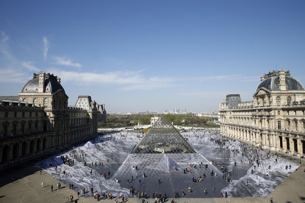 "JR Au Louvre & Le Secret De La Grande Pyramide" :JR Creates A Monumental Piece OF Art On The Scale Of Napoleon Court : Day 5