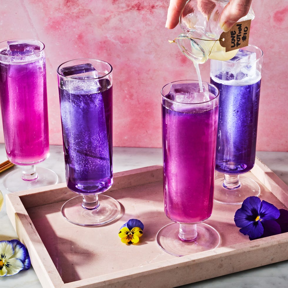 purple and pink cocktail with flowers