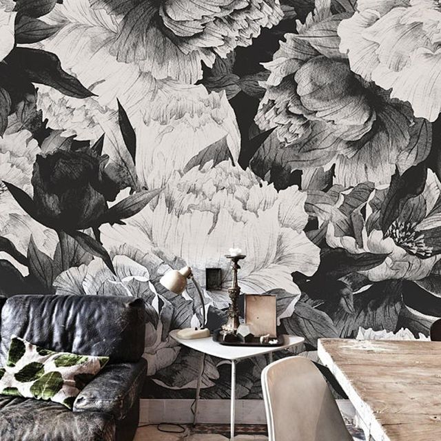 Black-and-white, Monochrome photography, Monochrome, Room, Illustration, Flower, Plant, Tree, Wallpaper, Textile, 