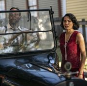 jonathan majors and jurnee smollet standing beside a car in a still for hbo's show lovecraft country