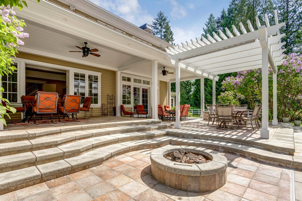 patio space with white dining pergola