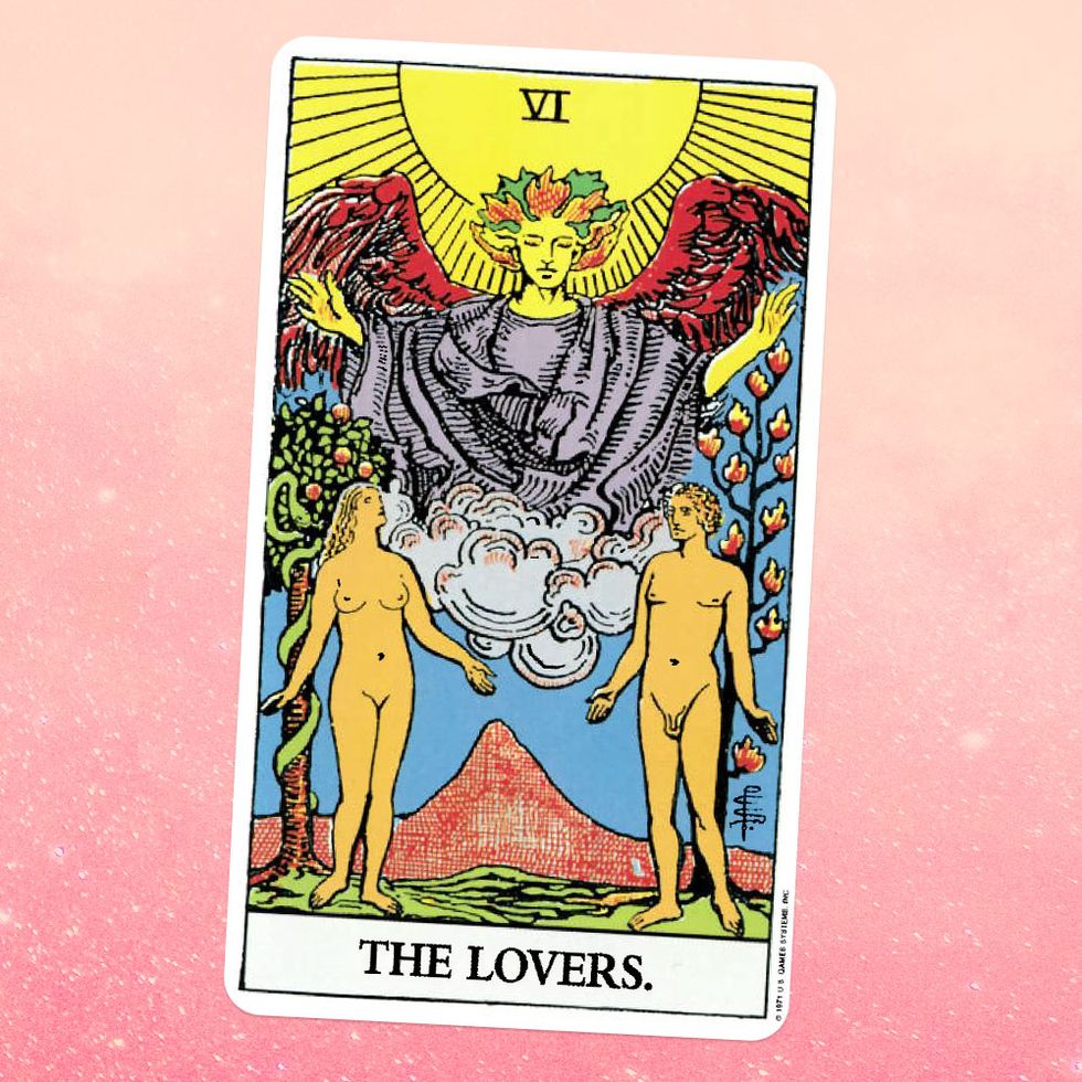 the tarot card the lovers, showing a nude man and woman standing near some trees, with an angel above them