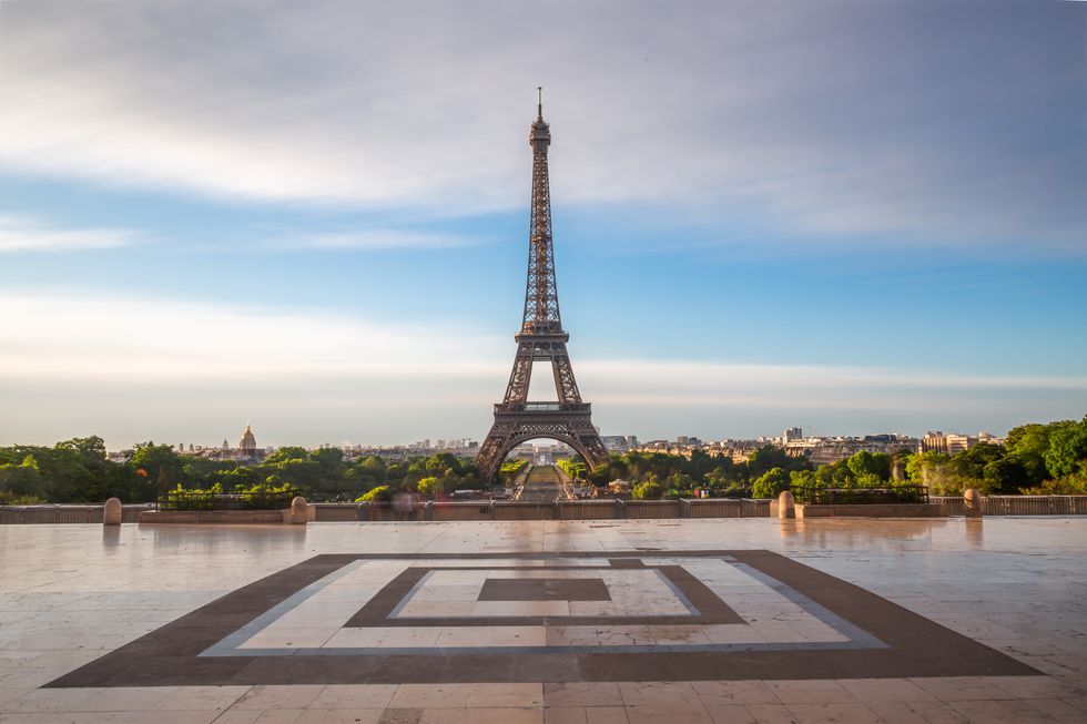 low angle view of eiffel tower at sunrise on trocadero