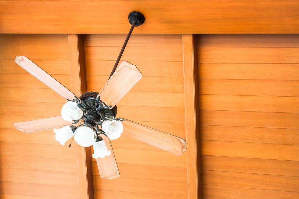 low angle view of electric fan hanging on wooden ceiling