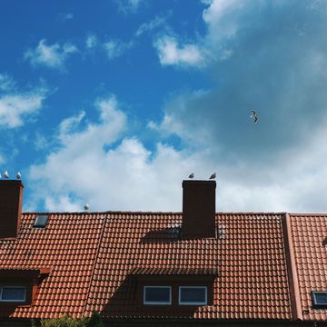Low Angle View Of Seagulls Perching On Chimneys Against Cloudy Sky