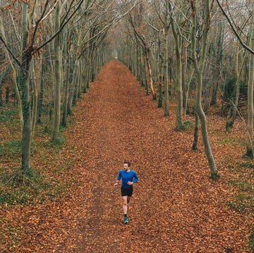 Low angled drone view of a runner on a treelined trail low angled drone view of a runner on a treelined trail